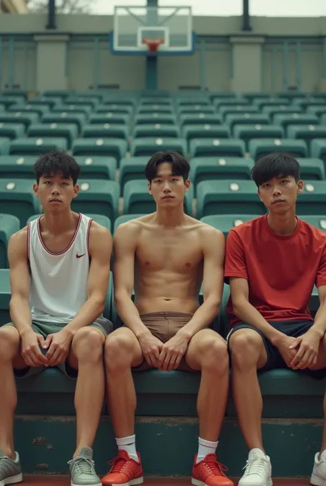 At basketball court, three teenage boys wearing sportswear sitting on chair at amphitheatre together with one handsome teenage Korean boy sitting naked wearing light brown bikini underwear in the center of three boys group at amphitheatre 