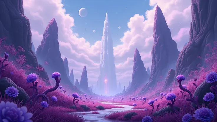 An anime landscape with strange, purple-colored plants;