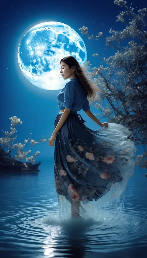 photo, Extremely detailed, a woman in skirt, under moon, water, flower, Blue Theme,  