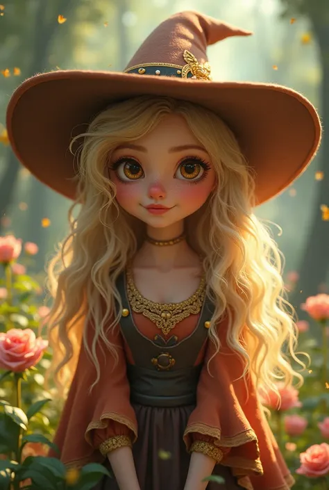 A cute witch with blonde hair and brown eyes.
