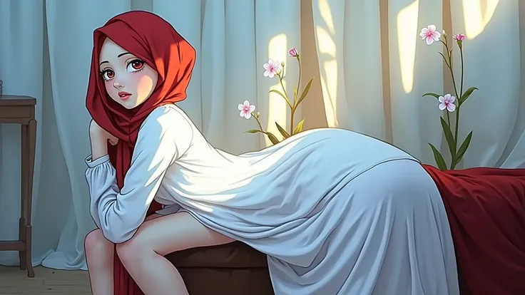 close-up portrait of a beautiful teen girl, red muslim hijab style, ((leaning forward)), ((bent over)), ((hands on own knee)),undress, (backlight), realistic, (heavy hairy pubic:1.2), masterpiece, high quality, lens reflection, shadow, flower, [[chromatic ...