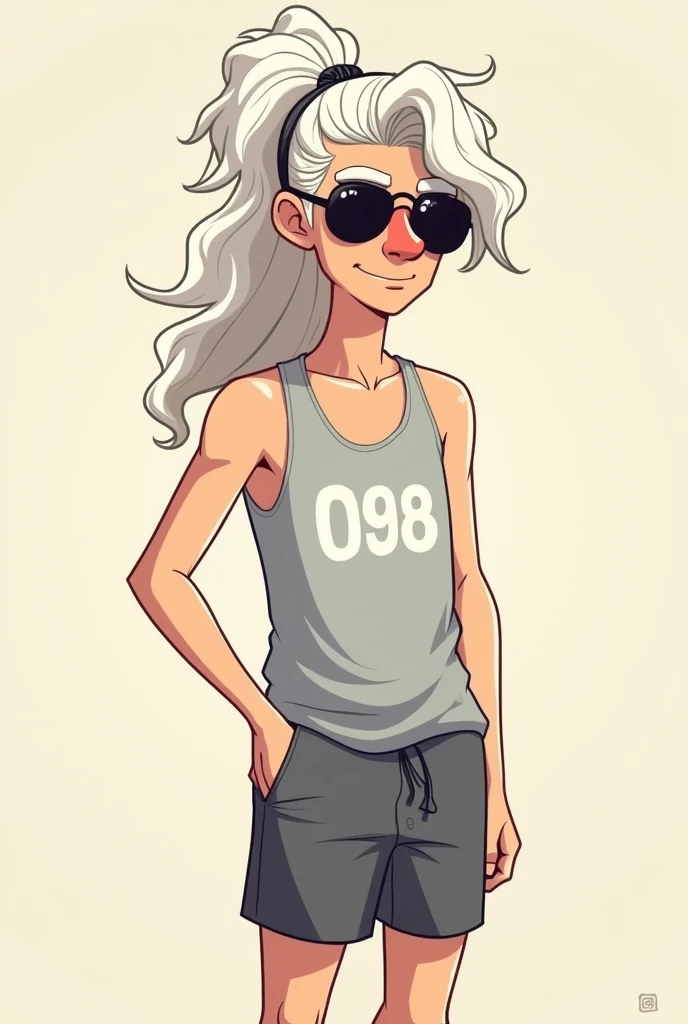 White male cartoon character with dark glasses resting on his forehead, long curly white hair tied up, light gray tank top with the number 098 written in white with dark gray shorts