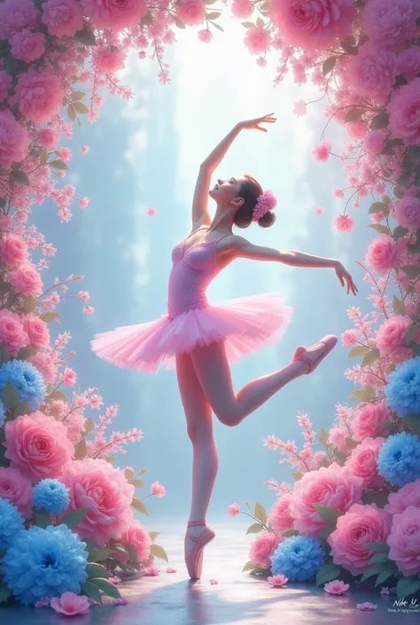 right ballet, pink sneaker blue and pink flower background