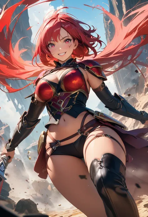 Long messy red hair, glasses, scar on cheek, wearing skimpy leather armor, holding a big sword, piercing gaze, big, smiling voice, fantasy scene, digital painting, dark fantasy, anime female, vibrant colors, cinematic composition from low angle, (best qual...