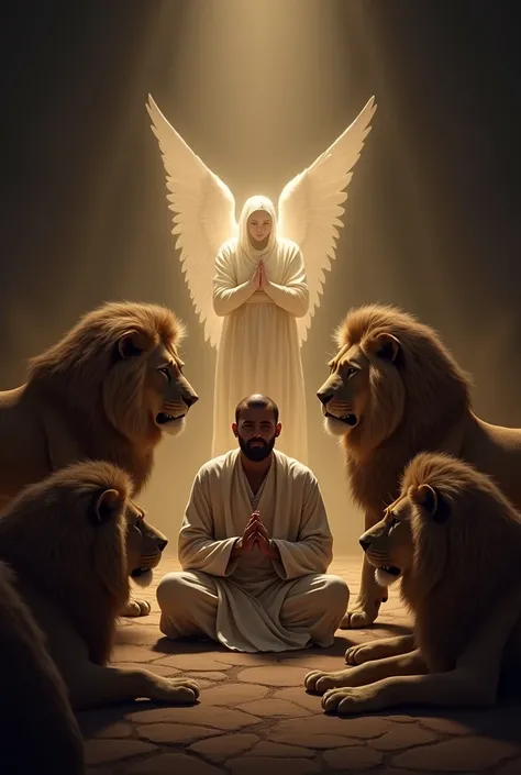 I want a picture of the story of Daniel in the lion&#39;s den. There are five lions in the scene, big lions, a lion&#39;s den. Daniel is in the center of the image, and the lions are all around spread out everywhere, and there is a shining angel, that you ...