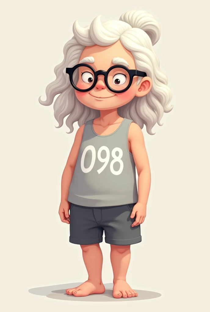 Pale male cartoon character with dark glasses resting on his forehead, long curly white hair tied up, light gray tank top with the number 098 written in white with dark gray shorts