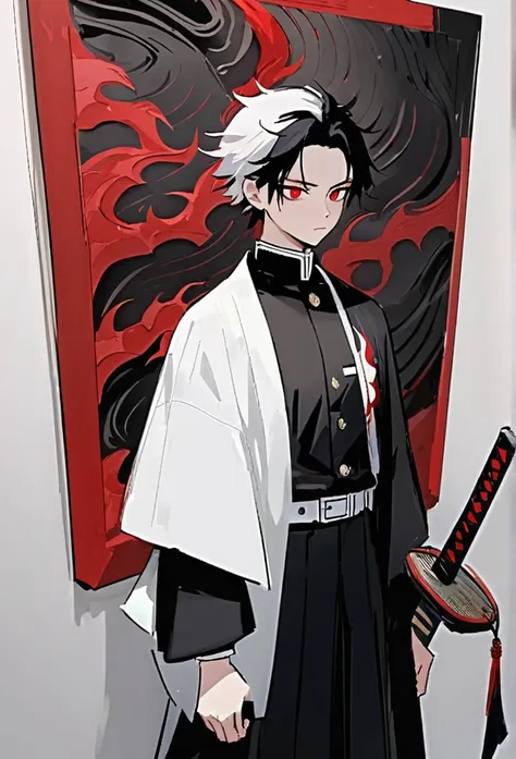 (work of art, best qualityer:1.2), standing alone, male focus, 1 , male demon slayer, Eyes red, medium length black hair, demon slayer uniform, Black jacke, long sleeves, White cloack, black and red katana with flame designs,white hair