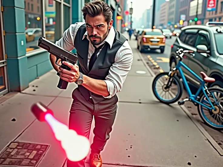 (masterpiece), (best quality), (high res), Soldier/secret agent with white rolled up collared shirt, black necktie, grey slacks, dress shoes, holding an (M1911 pistol:1.1), New York, blue  bike , street background, realistic, stylish, rutkowski, goatee, br...