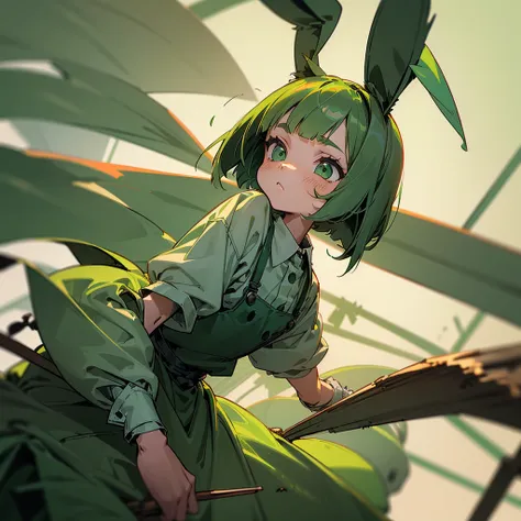 (long green rabbit ears), green animal ears, (1 girl), green hair, green eyes, bob cut, thin eyebrows, young, alone, lolita, chi...