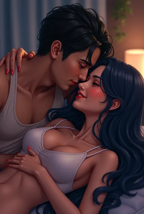 A black-haired man is lying on top of a woman, leaning on her breasts., looking at her in love and the woman with long wavy dark blue hair is looking at him with a smile while caressing his hair