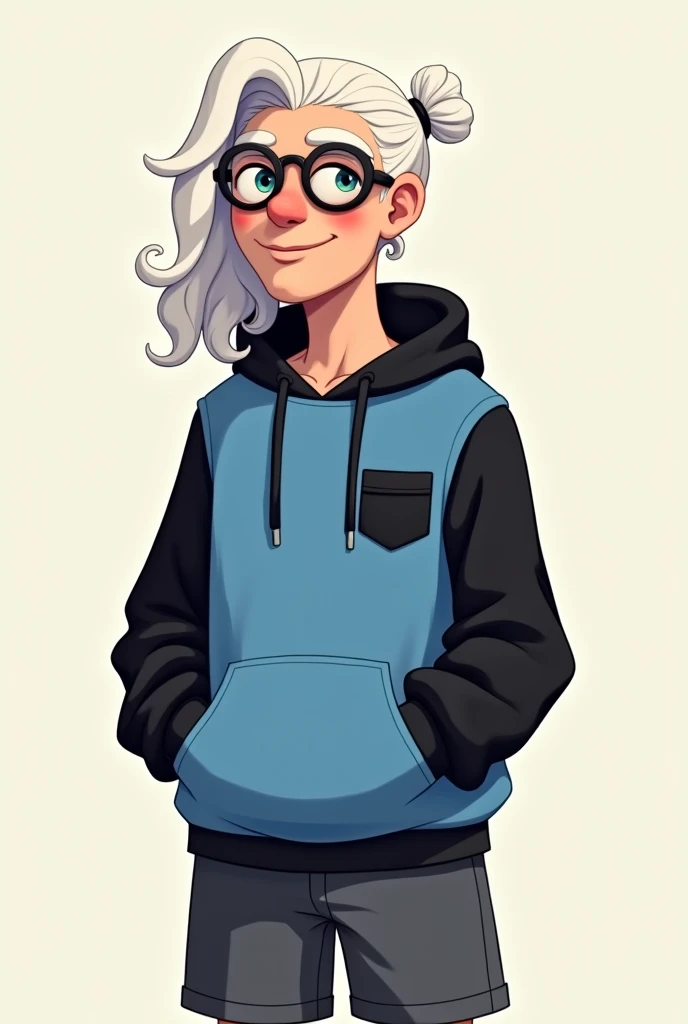 Pale male cartoon character with dark glasses resting on his forehead, long curly white hair tied up, blue sweatshirt with long black sleeves, black hood and black pocket with dark gray shorts