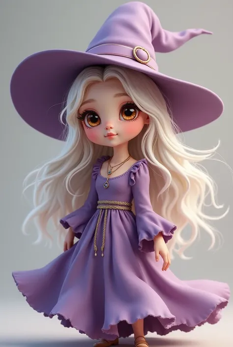 A cute witch with white hair that is not yellow, brown eyes, and a purple dress.