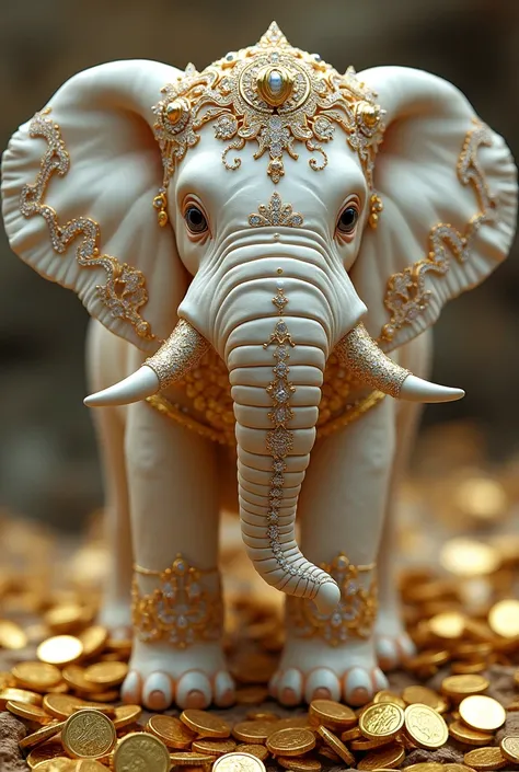 A white elephant adorned with diamonds, gold, and silver stands on a pile of gold and silver.