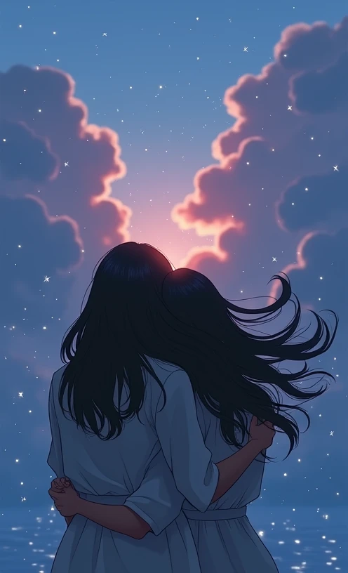 He hugged her tightly, thanking her for believing in him. Their faces were invisible, but the sparkling effect was on, silhouette, Concept Art, Romanticism, Surrealism, realism, Japanese illustration style, Ultra-detailed, reflected light, Cinematic light ...