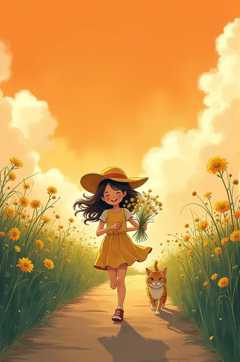 A girl is going to hold a indian -milkweed a cat is with her, the child is wearing a short dress, there is a hat on her head, the sky is orange in color, she is running along a road, a drawing that includes all this.