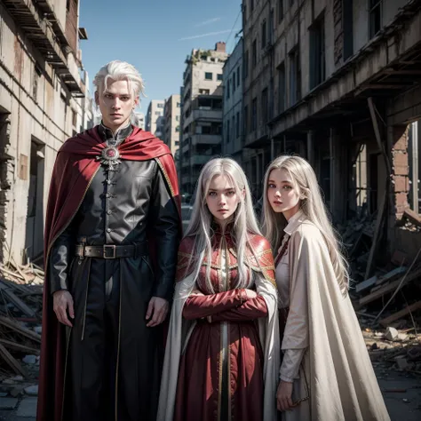 a guy with white hair and red eyes, dressed in a cape, behind him a girl with gray eyes and brown hair, they are standing against the backdrop of ruins