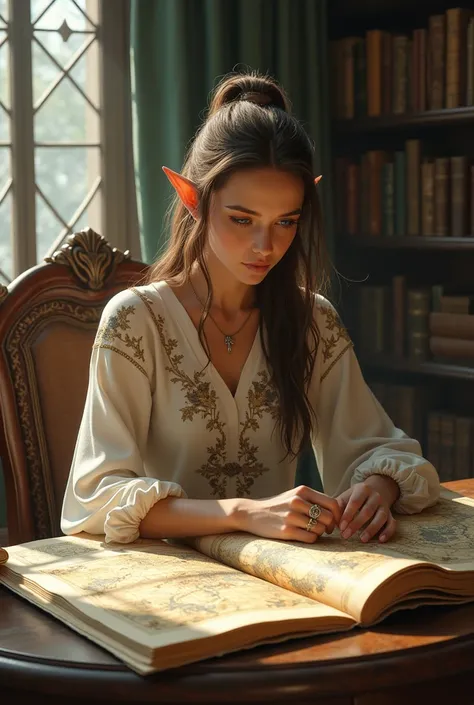 (((maduro))) elf woman, Brown hair, Ponytail hairstyle, blue eyes, wearing an elven silk dress, studying old maps