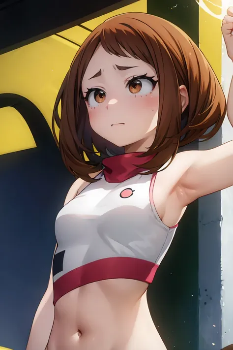 ochaco_uraraka, happy, brown hair, brown eyes, media chest, rolled up tank top, stomach, belly button, bikini , whole body.const...