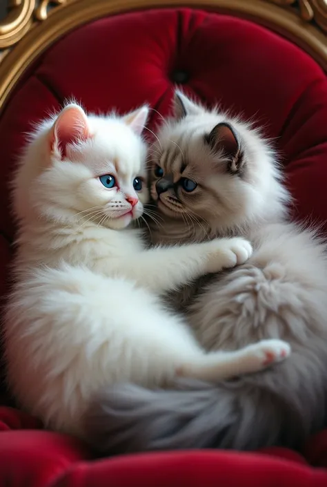 Persian Cat Couple: A fluffy white Persian cat with blue eyes is curled up next to her gray-furred husband. She is sitting on a royal velvet cushion with soft golden tassels, while her partner lovingly rests his head on her paws.ai images generate please 
