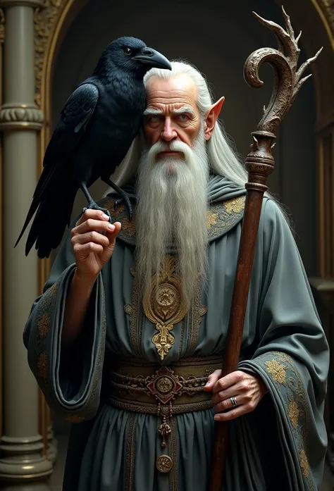 a detailed portrait of an old elven priest, dressed in gray robes, Golden embroidery details, with a raven perched on his shoulder, leaning on an ornate walking staff, with a serious, wise expression, Hyperrealism, ray tracing, depth of field, wide shot, U...