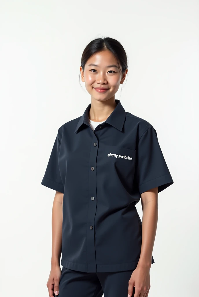 Image of a person from the front, with a realistic look, wearing a basic shirt with the &#39;Airmy&#39; logo.Website&#39; on the chest. The person must look directly at the camera, conveying confidence and professionalism. The background must be completely...