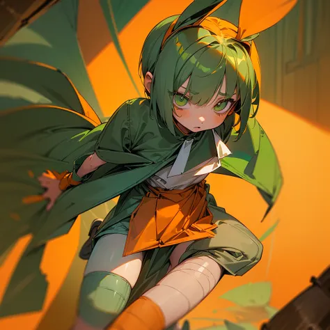 (long Green rabbit ears), green animal ears, (1 girl), green hair, green eyes, bob cut, thin eyebrows, young, alone, Lolita, childhood, child, short, (orange color prisoner uniform), (orange color uniform), dilapidated prison, tiny, baby face, cel anime, 