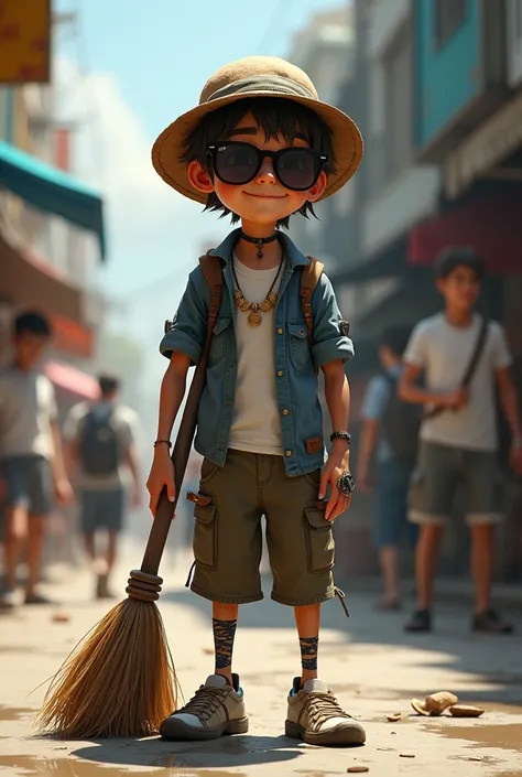 Create a teenager who looks older than a normal child. His name is Street Sweeper. His right hand holds a coconut-stalk broom. He wears a hat and black Ray-Ban glasses. He has a friendly smile for everyone. He stands among the people walking around. He is ...