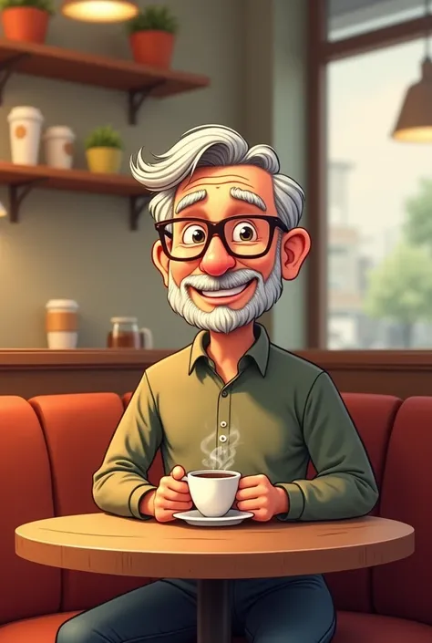 A cartoon of  mid aged male wear glasses sit  in front of circle table hold a cup of hot coffee in a cozy coffed shop