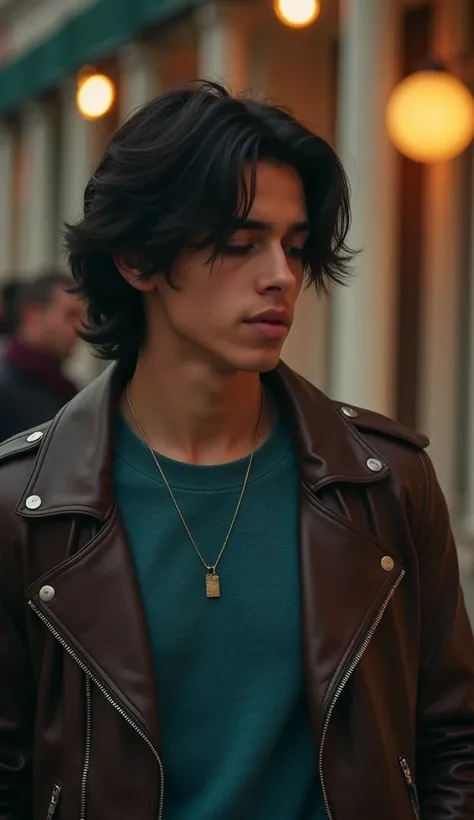 blowjob, caramel Latina, 1 thin male, white American teen boy 20 years old with medium length black hair, wears a blue-green sweater and a dark brown leather jacket, shaved