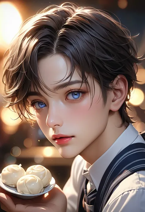 a handsome young male student, He is eating white dumplings on a full moon night,beautiful detailed eyes, beautiful detailed lips, extremely detailed eyes and face, long eyelashes, cute expression, school uniform, apron, thoughtful pose, intricate details,...