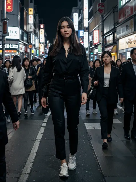 Picture of a realistic woman, realistic proportions, walking in a crowded city at night, night life, busy, lots of lights, Tokyo style