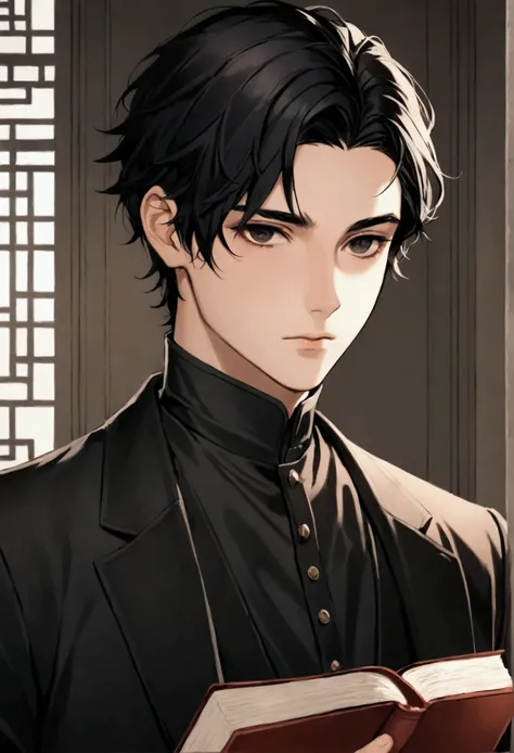 Academy, Male, Young, Tall, Black Hair, Boy Holding Books, Cold Boy, Black Eyes, Fine skin, Black mole under left eyes, fine jawline 