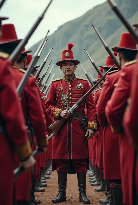 Bolivian musical war band with a burgundy uniform and white flemines showing off their imposing