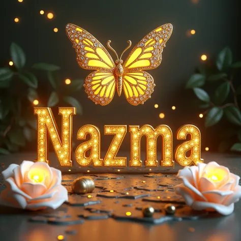 mesmerizing and luxurious 3D render illustration featuring the name "NAZMA" in bold, ornate, and regal yellow letters. The letters are accentuated by a plethora of shimmering gemstones and designs, exuding an air of elegance. Suspended above the name, a gr...