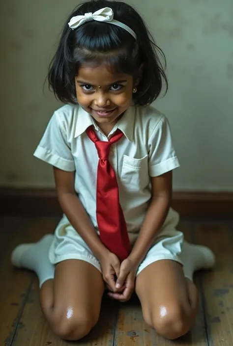 a  sri lankan school girl in a tight short white dress, red tie, and white hair ribbon, realistic detailed photo, girl suddenly experiencing squirt with pain, horny expression, tightly holding her vagina, saliva dripping from mouth with tears, about to los...