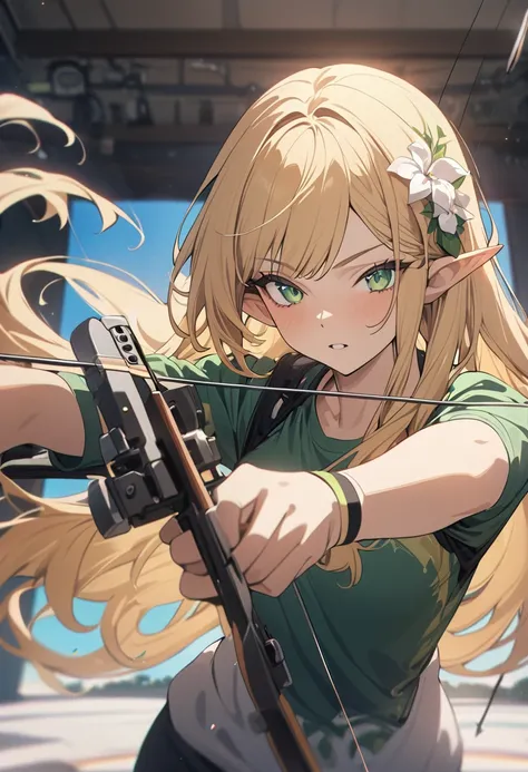 (masterpiece), best quality, newest, very aesthetic, intricate details, vivid colors, aburdres, cinematic anime, 
(1 woman), elf ears, blonde long hair with bangs, 
green eyes, sportswear:1.5, flower in hair, bow and arrow, sport, archery, aiming