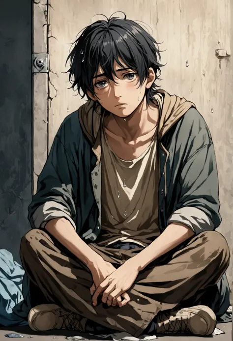 Homeless young man, a tear drops, young man, old torn clothes, look at me, shy man, black hair, high quality, sit on the floor and look up at me