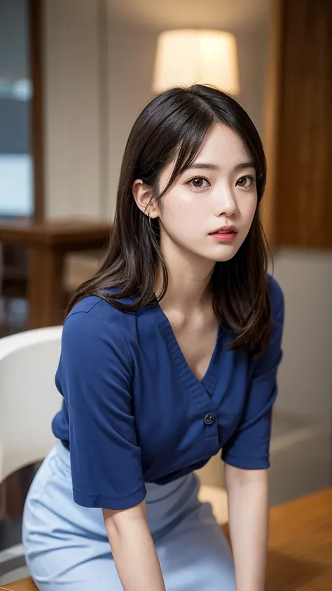 High resolution、超High resolution、photograph、Japanese Women、Looking into the distance、cute、Age 25、Random Hairstyles、Highly detailed skin、Rough skin、Detailed chest、Japanese、Leaning forward、Blue Shirt、office、Beautiful profile、Gazing Eyes、Clear skin、homogeneou...