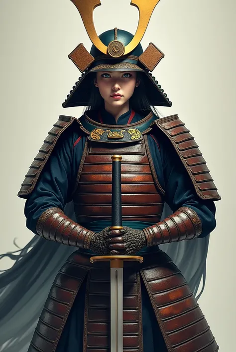  Samurai, armour, armour Samurai, work of art, best qualityer, 4K, holding japanese sword, segurando katana, katana, Armadura de Samurai completa, calm face, blue colored eyes, fancy 
