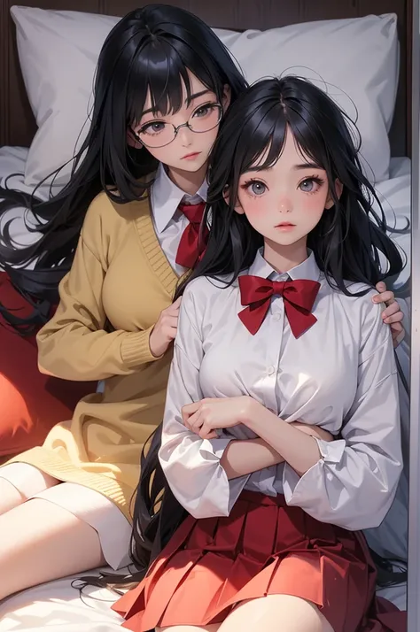 Two Thai teenage girls in anime style, a cool girl with short hair and a sweet girl with long hair, wearing school uniforms with short skirts and red bows in the middle of their chests, sleeping in the same bed, covering the same blanket, sleeping with the...