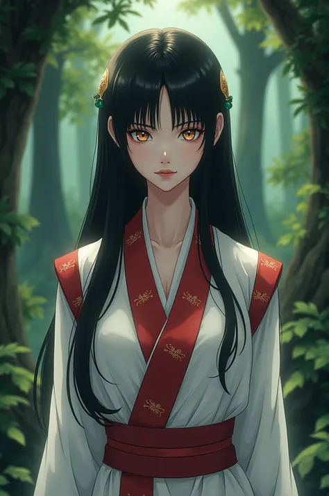 Forest background anime adult woman pale skin light brown eyes long straight black hair face identical to Kikyo character from the anime Inuyasha wearing a white and red priestess outfit