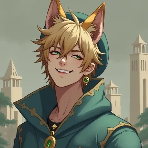 Male, Smile, Blonde Hair, Earrings, Fang, Fox Ears, Beret, 