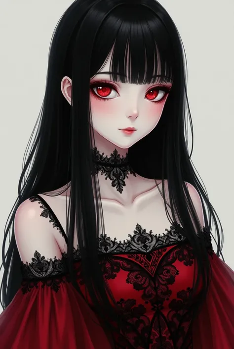 Girl with long straight black hair, White skin, gothic makeup and a blood red dress with black lace. Rinnegan Eyes, calm , beautiful drawing style; Naruto