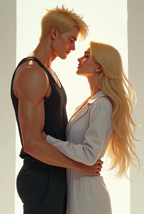 Tall man, blond, SMOOTH FACE, stark, in a black tank top, sun-kissed. blonde woman, long hair, in a lab coat. facing one another. He has his hands on her waist. He is smiling.