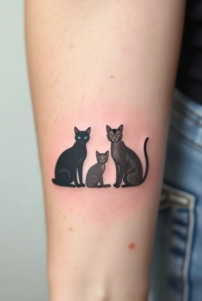 Help me create a minimalist tattoo of four cats, a blue tip siamese, a gray tabby cat, a tabby cat and a smokey cat, The tattoo has to be colorless, simple and small. 