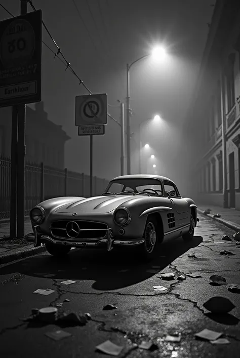 Generate a high-resolution 8K black and white image of a 1955 Mercedes-Benz 300 SLR Uhlenhaut Coupé parked on a deserted street in 1957. The scene should convey a dark, melancholic atmosphere with a sense of mystery and abandonment. The car should be shown...