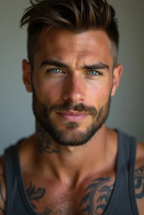 CRU photo, Generate a vivid and descriptive portrait of a man with striking blue eyes, a well-defined jawline, expressive eyebrows, a warm and charismatic smile, and a clean-shaven appearance. Create an image of those facial features that capture a rugged ...