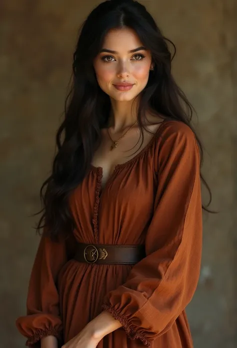 cinderella with dark hair wearing A long-sleeved frock- Made of a sturdy, rough-textured fabric, likely a cotton or linen blend - A warm, earthy brown color with a slightly reddish tint - Sleeves are loose-fitting and slightly bell-shaped - Neckline is rou...