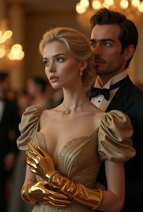 young woman, white, blonde, golden gloves, ful dressed, luxury, fancy, handsome man behind, looking at her