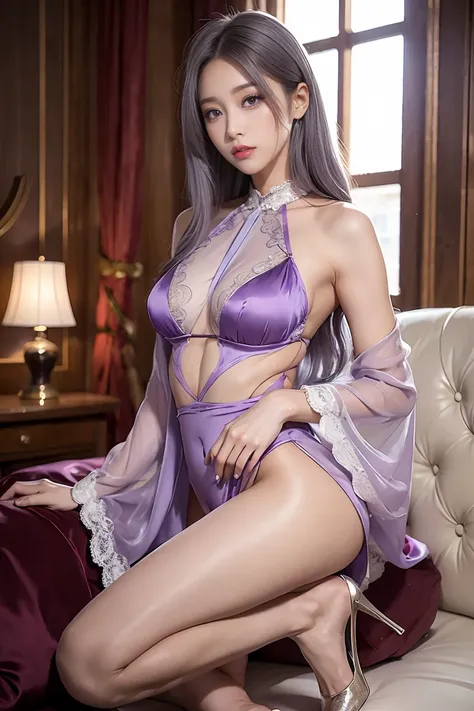 lace silk pajamas、transparency，purple，high score hair、personal，a young silver-haired man bites his lip，seat，high heels， , long l...